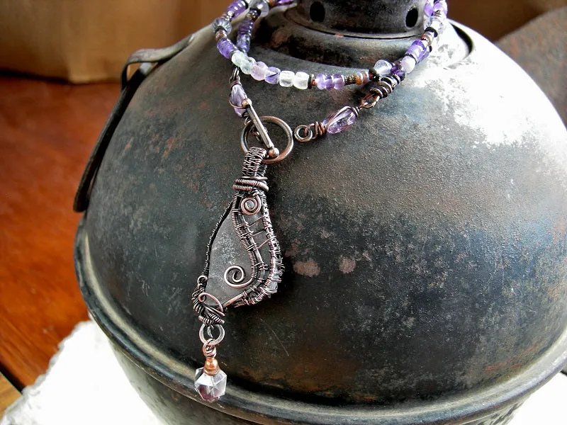 Sea Glass Wing Necklace, Copper Wire Wrap, Amethyst & Fluorite