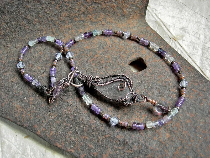 Sea Glass Wing Necklace, Copper Wire Wrap, Amethyst & Fluorite