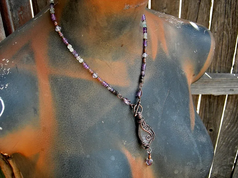 Sea Glass Wing Necklace, Copper Wire Wrap, Amethyst & Fluorite
