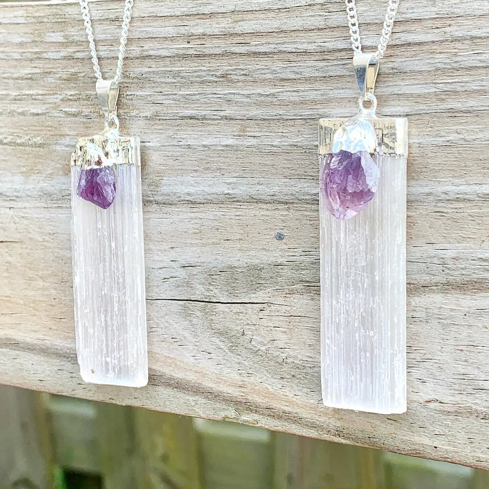 Selenite and Amethyst Pendant Necklace
