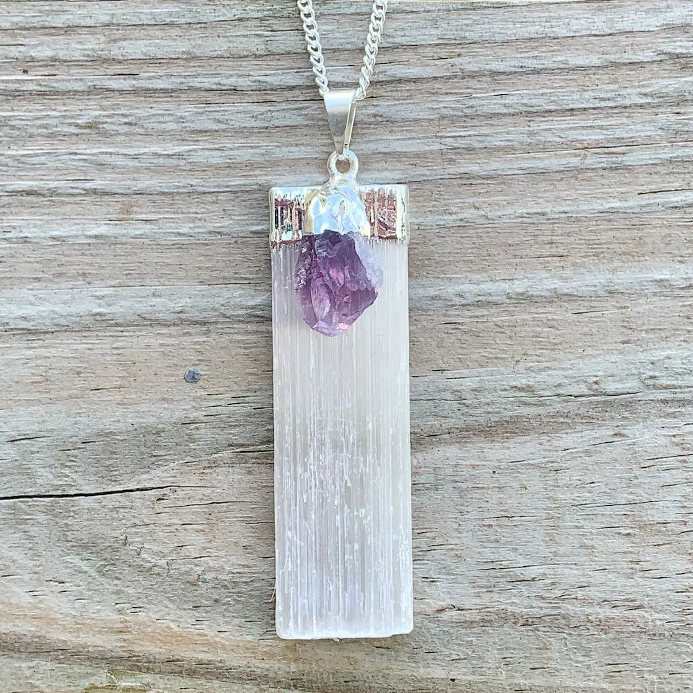 Selenite and Amethyst Pendant Necklace