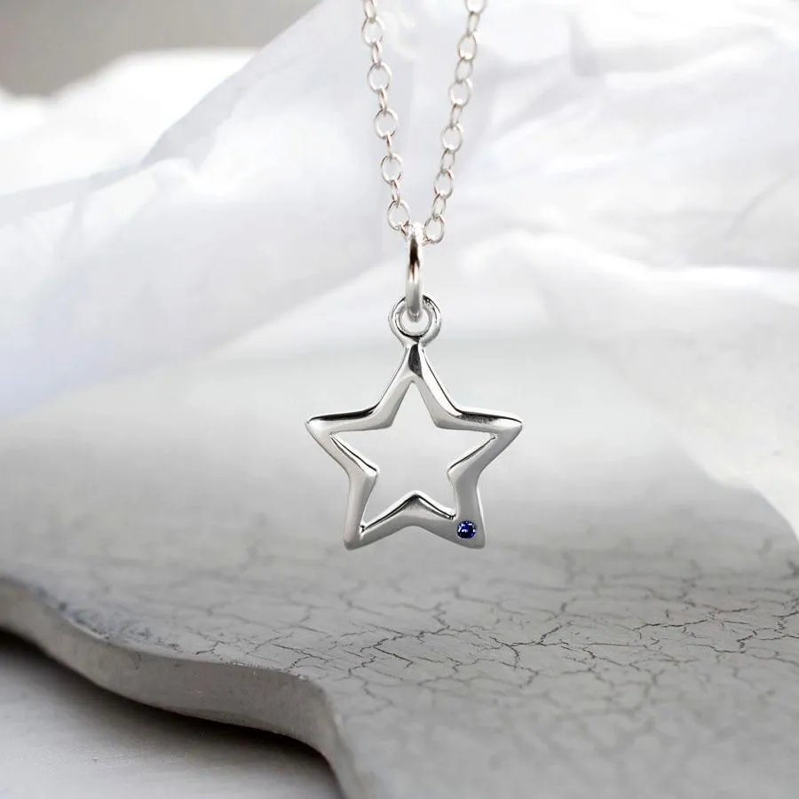 Silver and Sapphire Open Star Necklace
