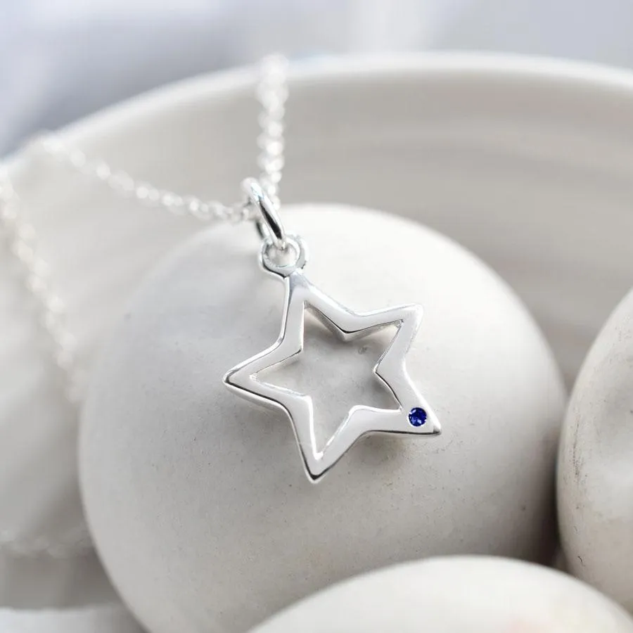 Silver and Sapphire Open Star Necklace