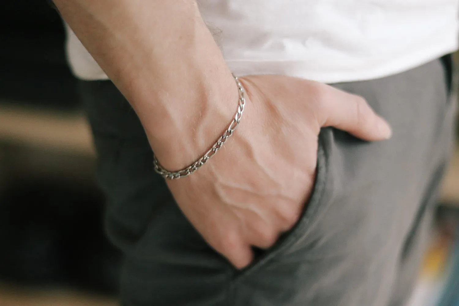 Silver links chain bracelet for men, cable Figaro gourmet chain, waterproof, gift for him, mens jewelry, minimalist jewelry, fathers day