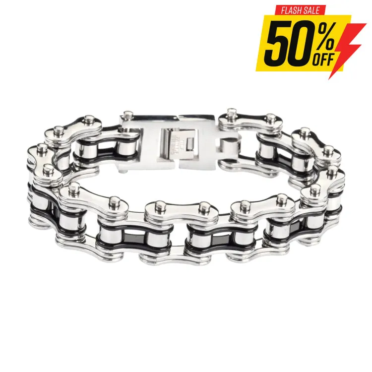 SK1124 3/4" Wide Two Tone Silver Black Double Link Design Unisex Stainless Steel Motorcycle Chain Bracelet