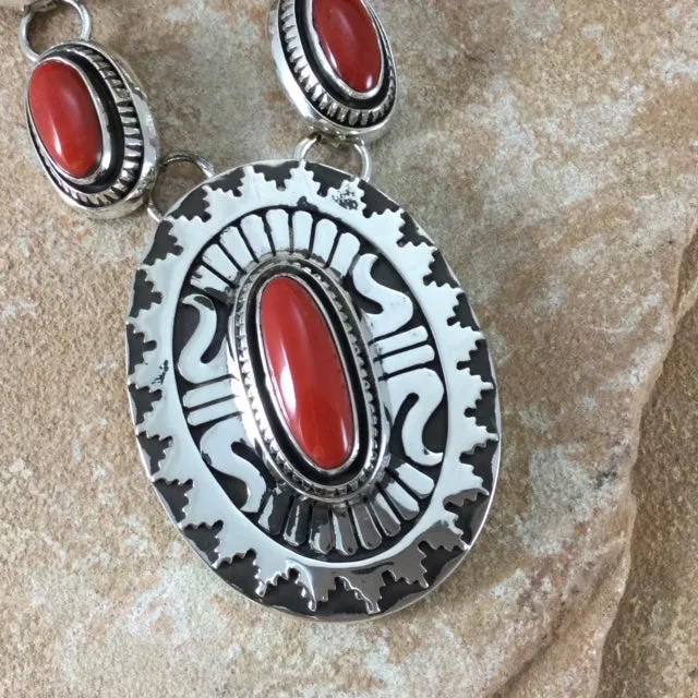 Sterling Silver & Red Coral Necklace by Leonard Nez