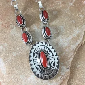 Sterling Silver & Red Coral Necklace by Leonard Nez