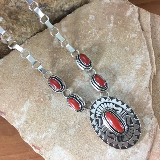 Sterling Silver & Red Coral Necklace by Leonard Nez