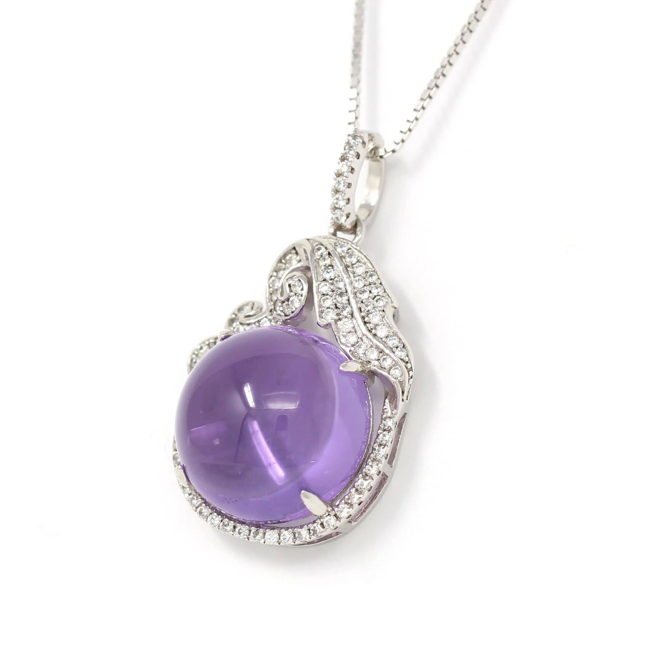 Sterling Silver Natural Cabochon Amethyst Necklace With CZ
