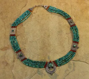 Strands of Turquoise and Tibetan Coral Necklace