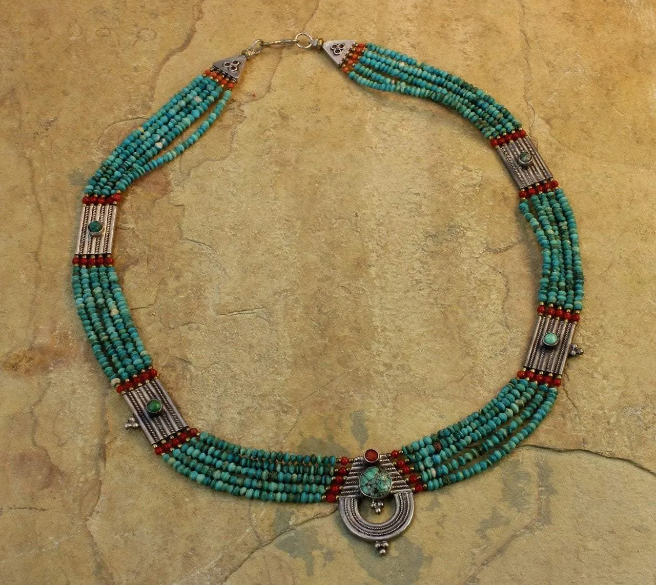 Strands of Turquoise and Tibetan Coral Necklace