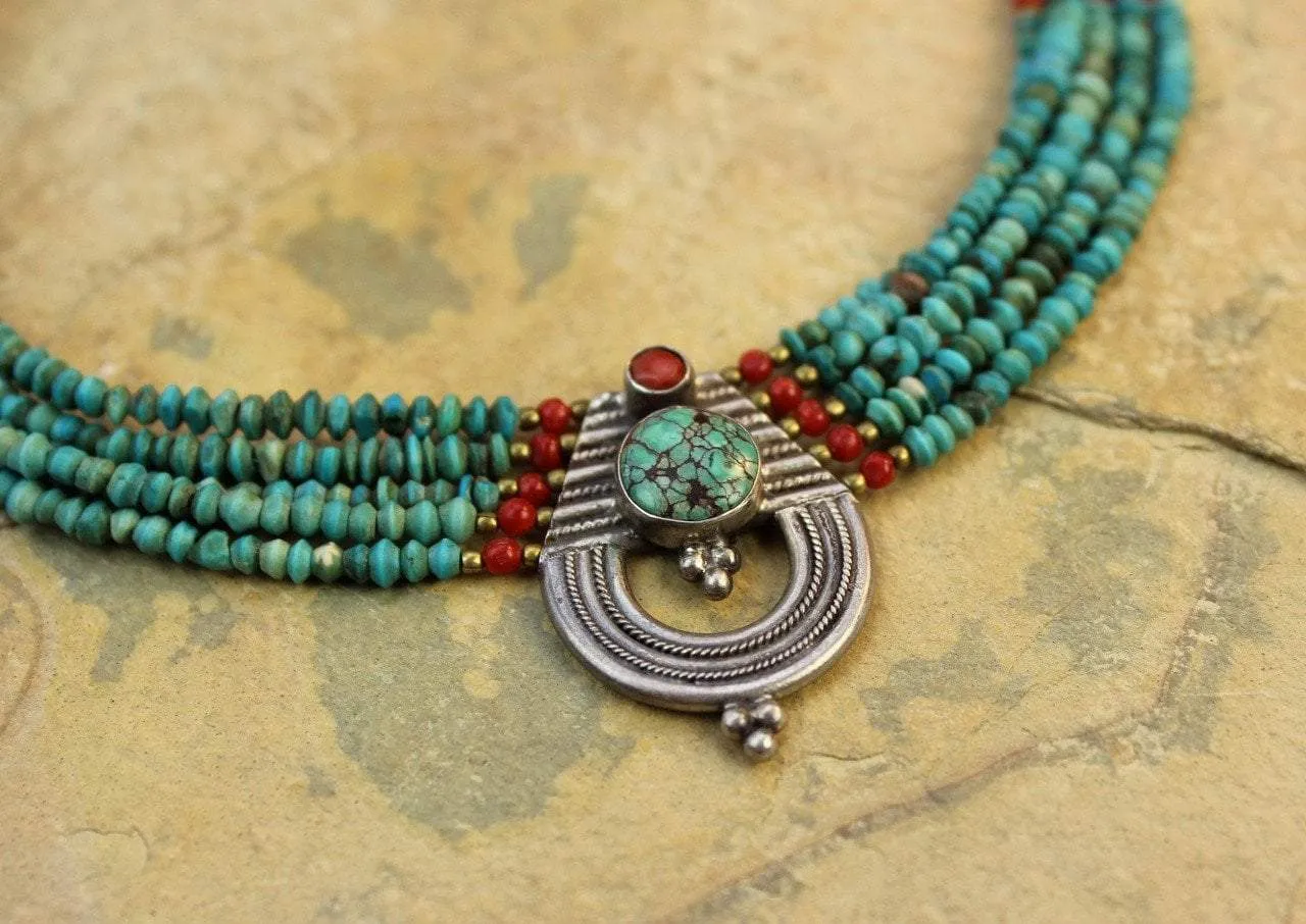 Strands of Turquoise and Tibetan Coral Necklace