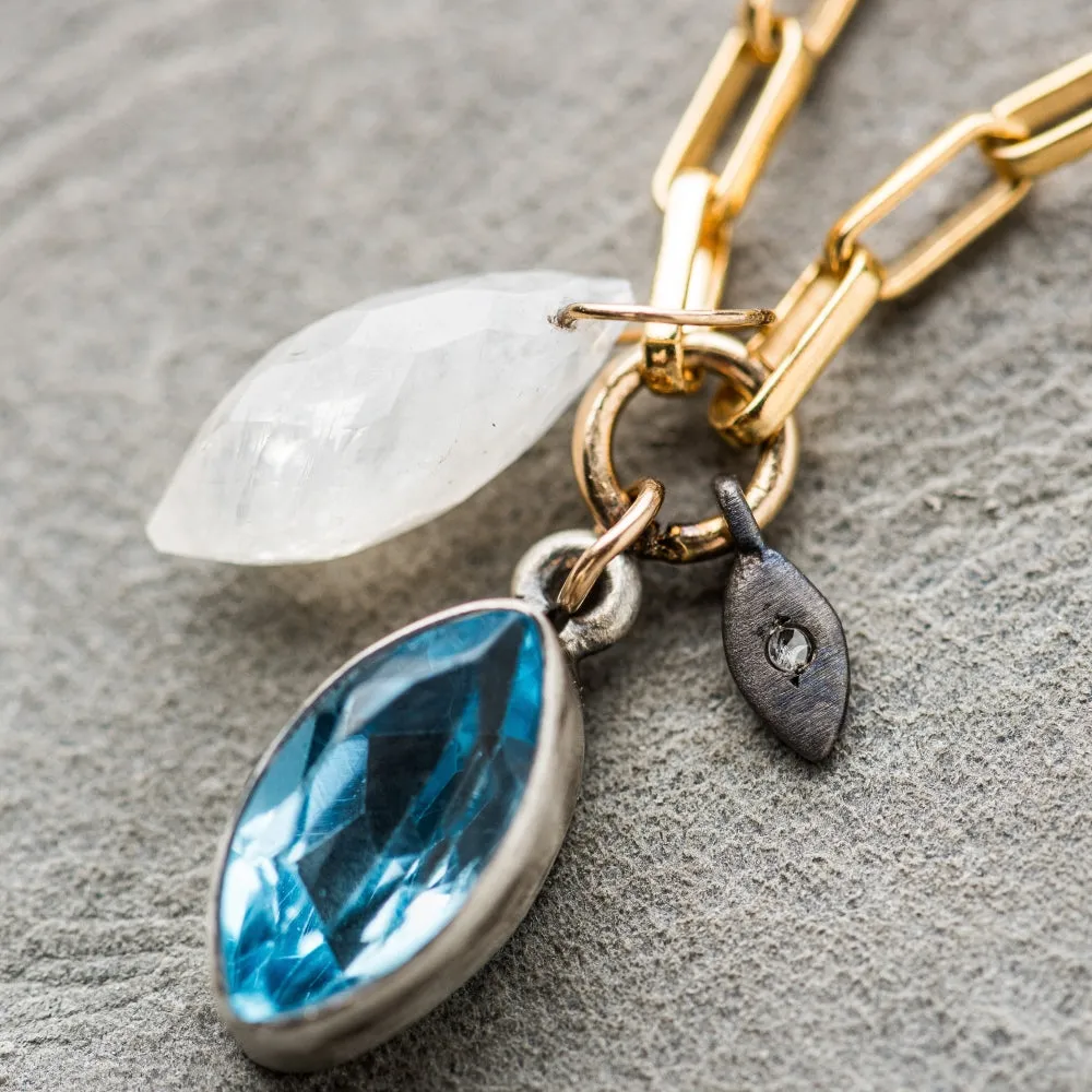 Swiss Blue Topaz Marquise Necklace with Moonstone and Diamond