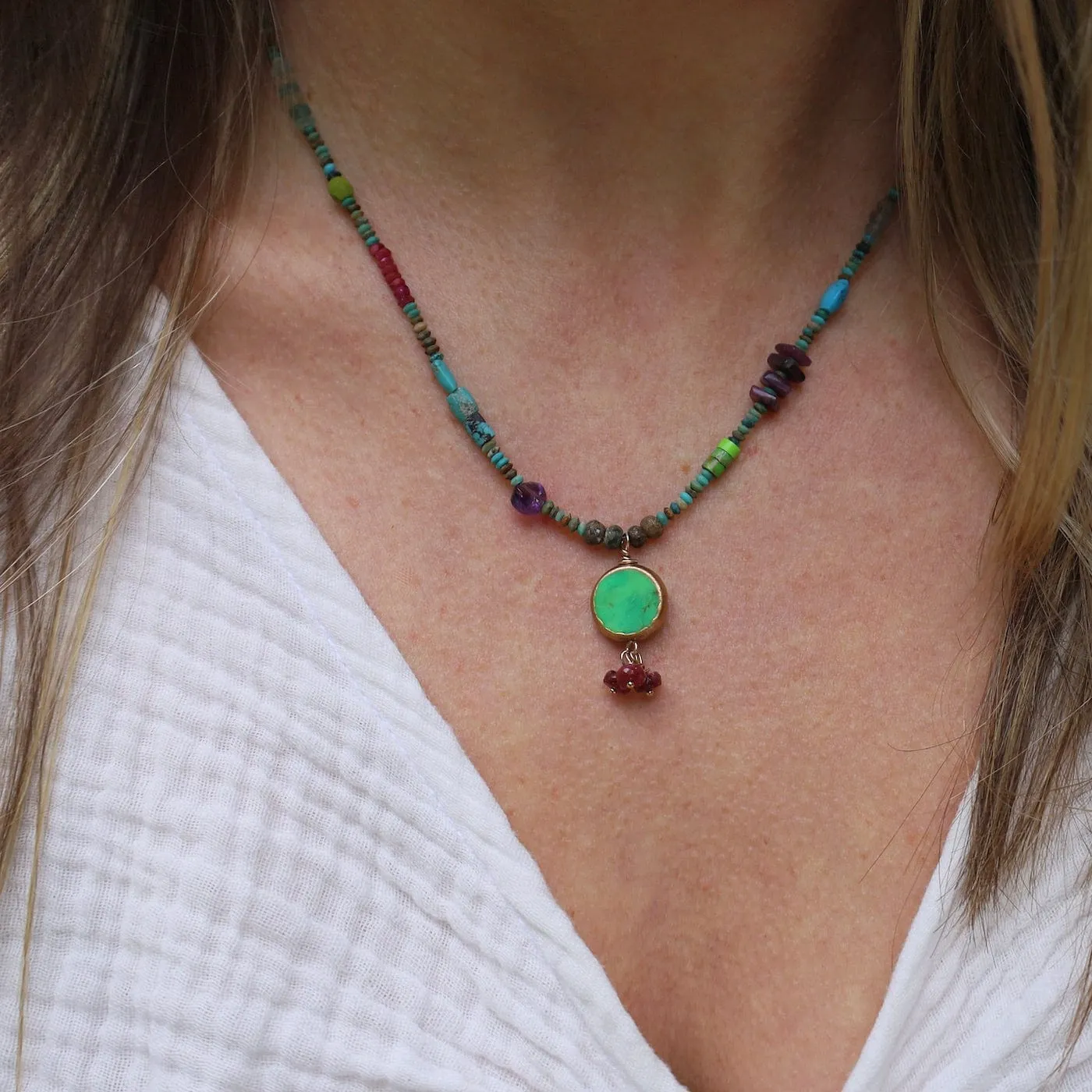 Tiny Turquoise Treasure Necklace with Green Turquoise and Ruby