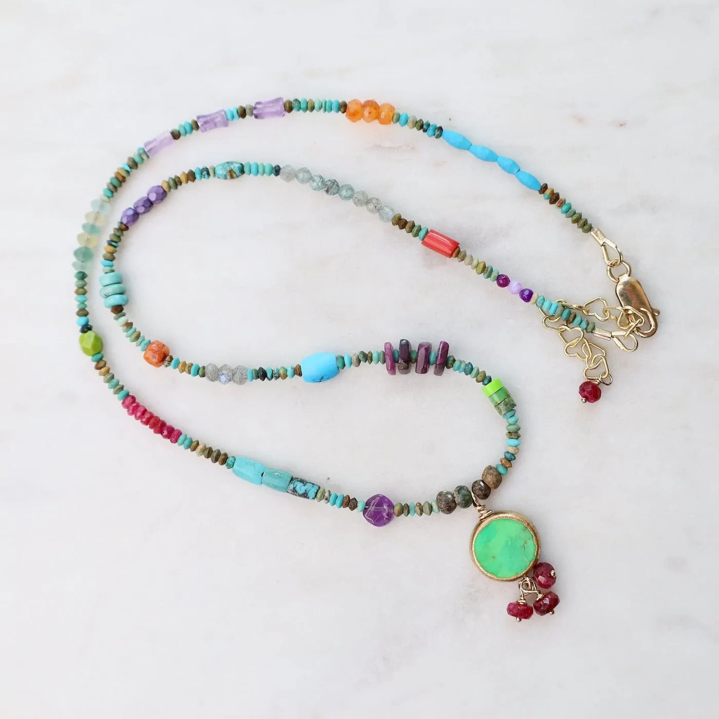 Tiny Turquoise Treasure Necklace with Green Turquoise and Ruby