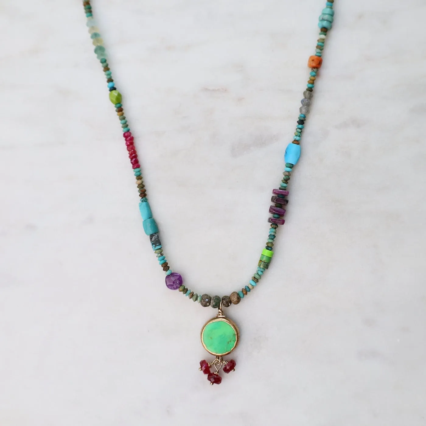 Tiny Turquoise Treasure Necklace with Green Turquoise and Ruby