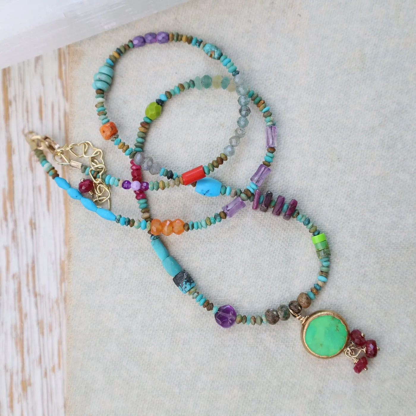 Tiny Turquoise Treasure Necklace with Green Turquoise and Ruby