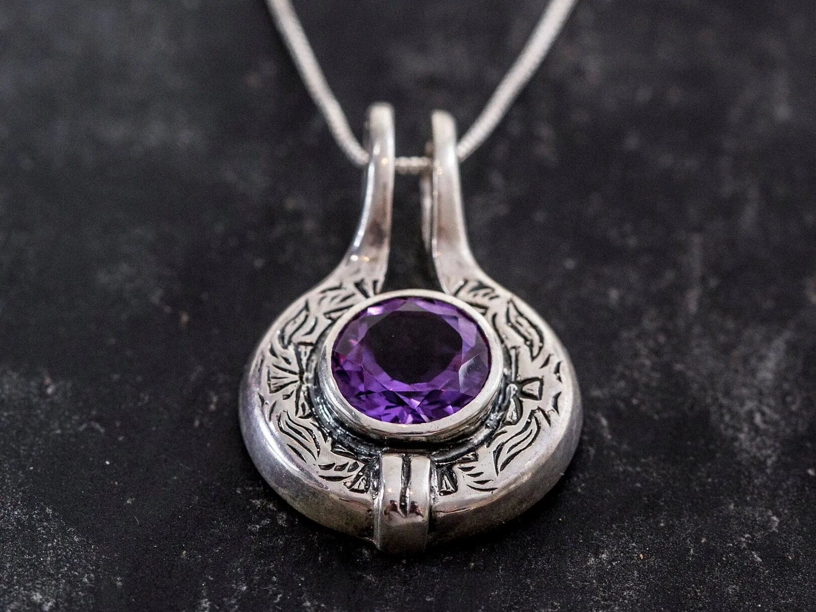 Vintage Amethyst Necklace - Egyptian Necklace - Large Purple Pendant