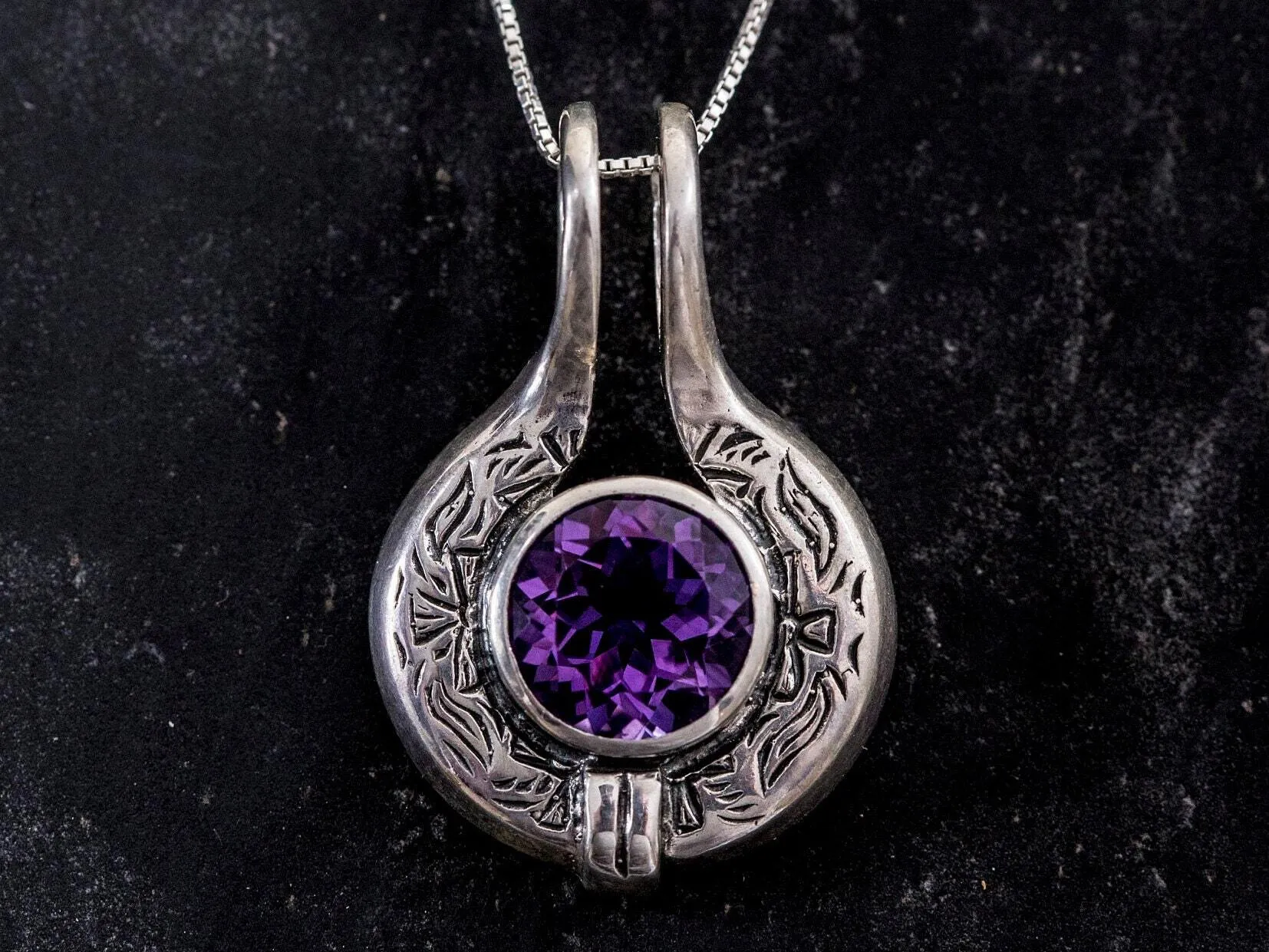 Vintage Amethyst Necklace - Egyptian Necklace - Large Purple Pendant
