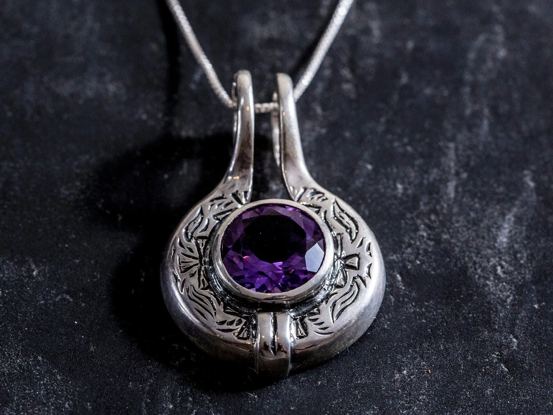 Vintage Amethyst Necklace - Egyptian Necklace - Large Purple Pendant