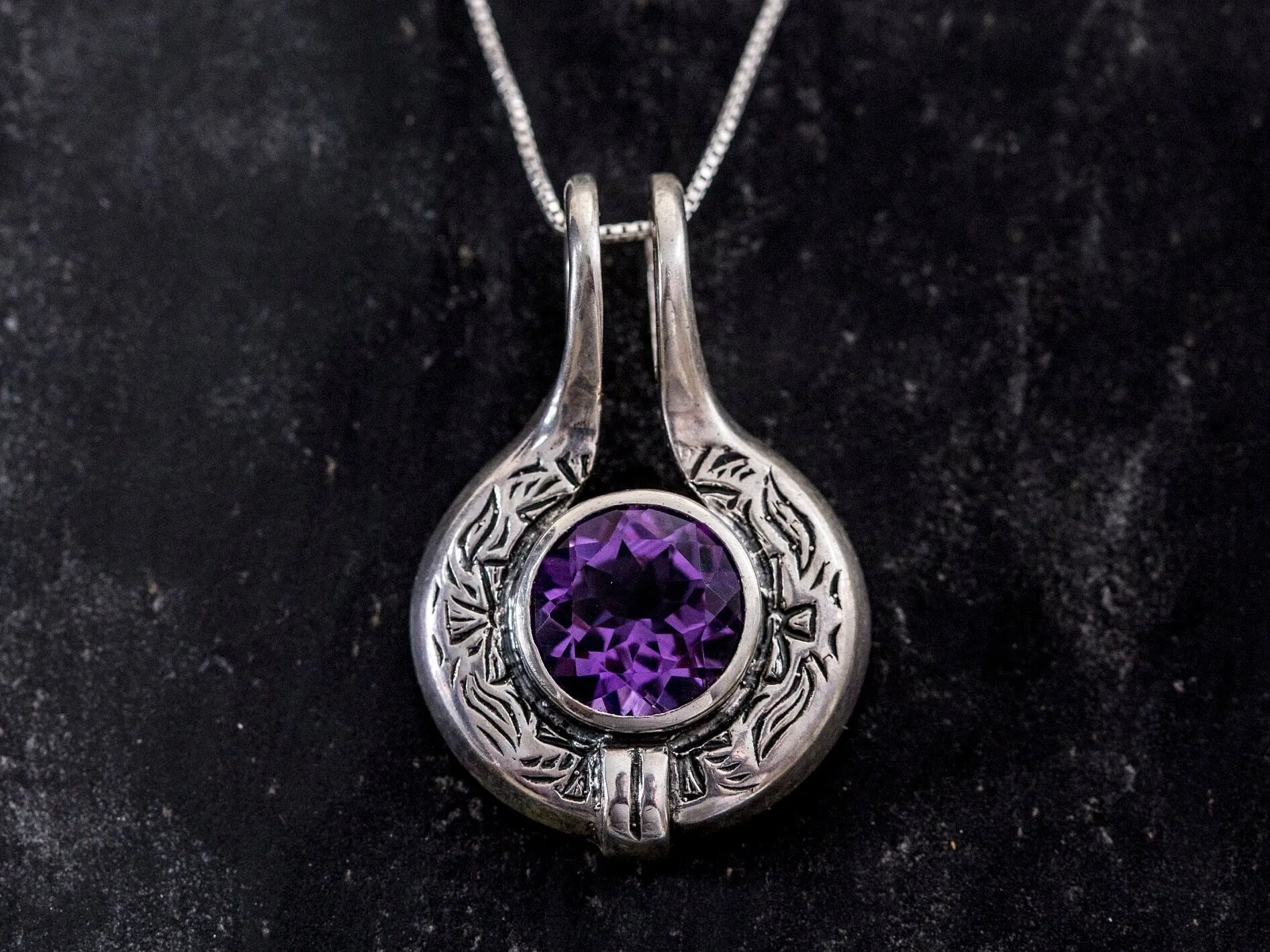 Vintage Amethyst Necklace - Egyptian Necklace - Large Purple Pendant