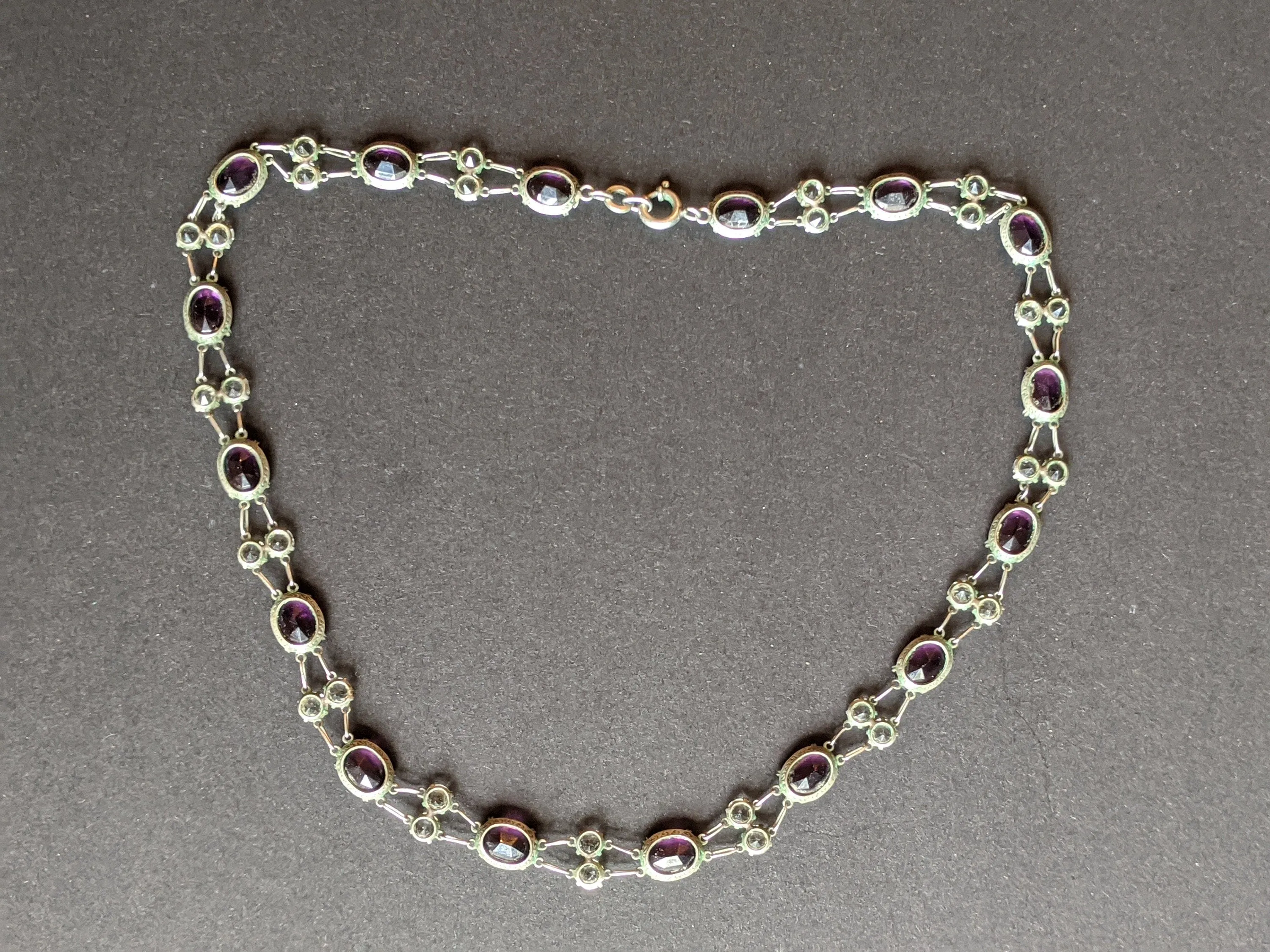 Vintage Art Deco amethyst purple & clear crystal intricate riviere necklace bezel set, open backed, maybe unmarked silver, free earrings