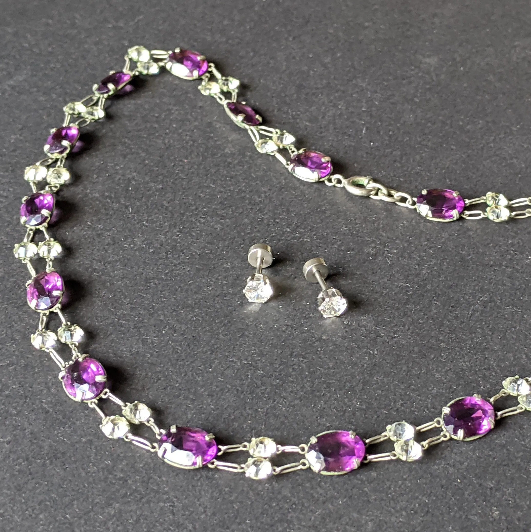 Vintage Art Deco amethyst purple & clear crystal intricate riviere necklace bezel set, open backed, maybe unmarked silver, free earrings