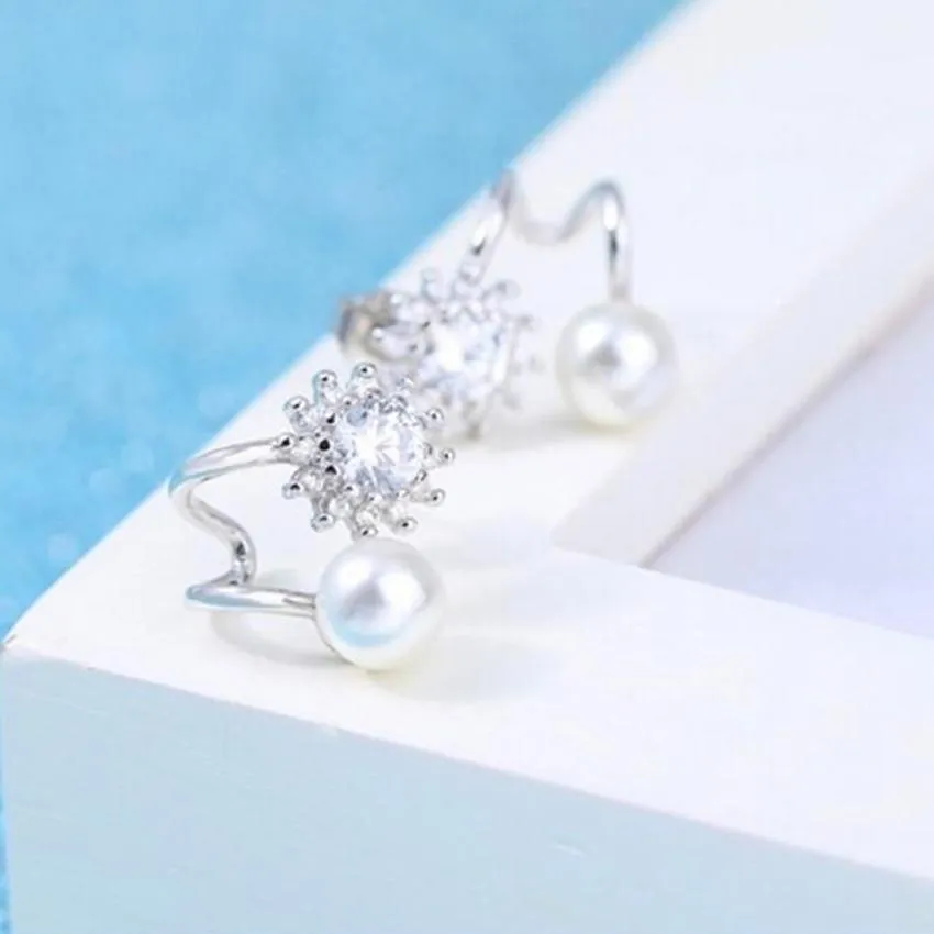 Women Sterling Silver Simulated Pearl Hexagram Star Earrings
