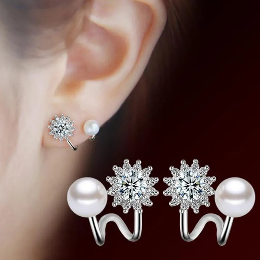 Women Sterling Silver Simulated Pearl Hexagram Star Earrings
