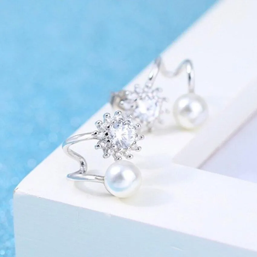 Women Sterling Silver Simulated Pearl Hexagram Star Earrings